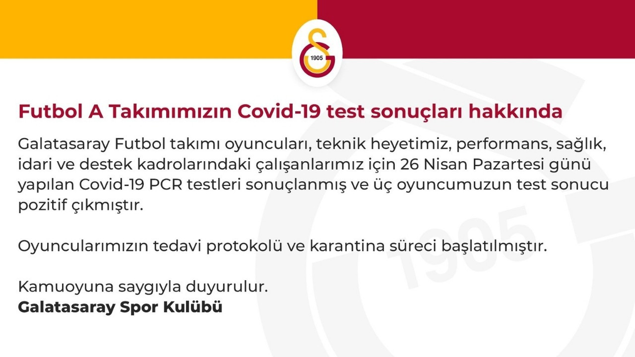 Galatasaray'da 3 Futbolcunun Koronavirüs Testi Pozitif