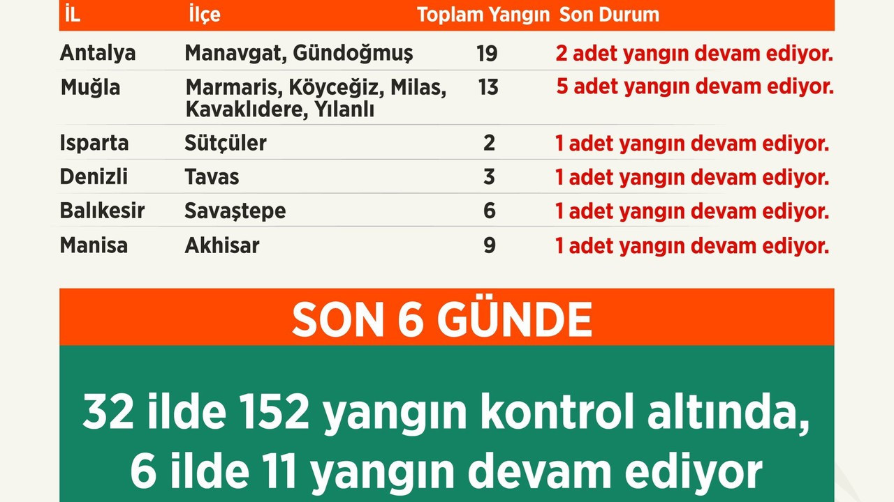 Tarım ve Orman Bakanlığı: 6 ilde 11 yangın devam ediyor