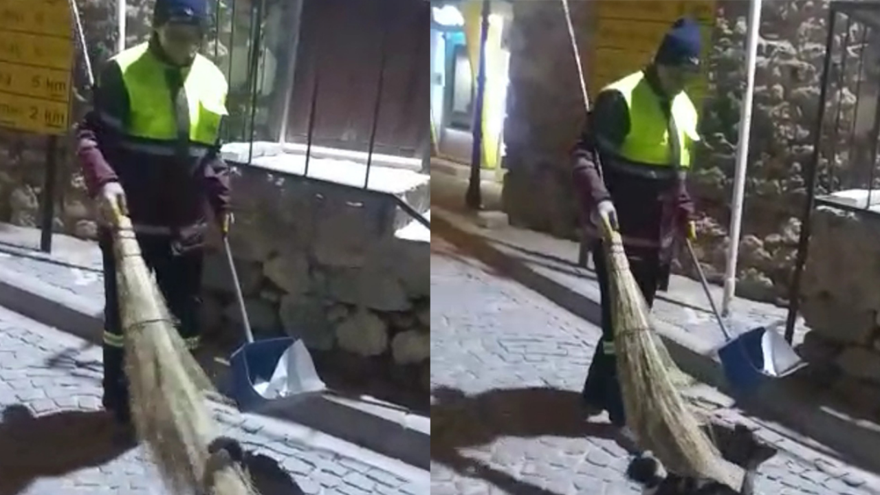 Hem çevreyi temizliyor hem de sokak kedisine masaj yapıyor