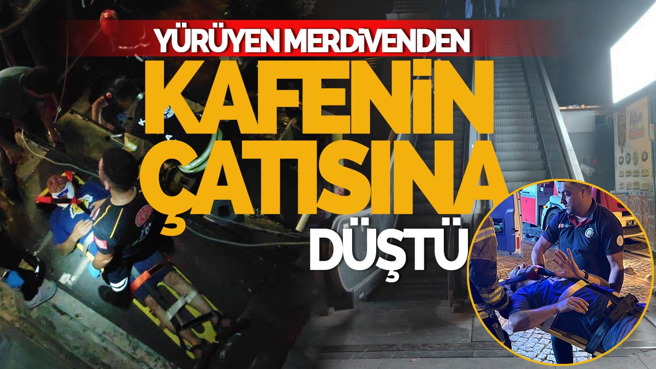 Yürüyen merdivenden kafenin çatısına düştü