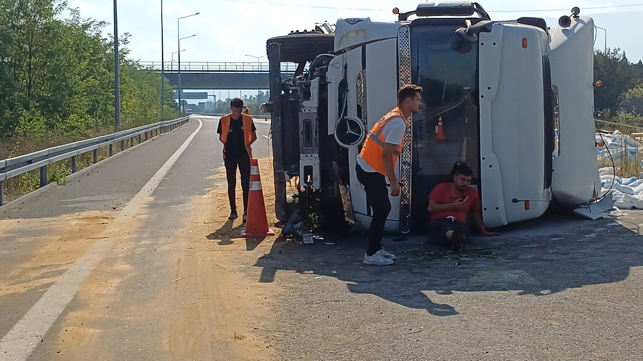 TEM'de çimento yüklü tır devrildi