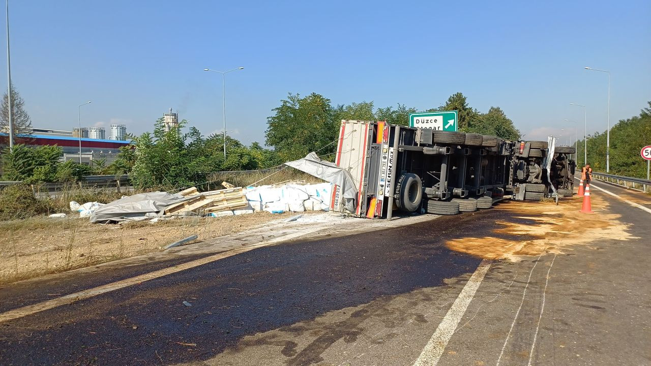 TEM Otoyolu'nda Çimento Yüklü Tır Devrildi, Sürücü Yardım Bekledi - Sayfa 4