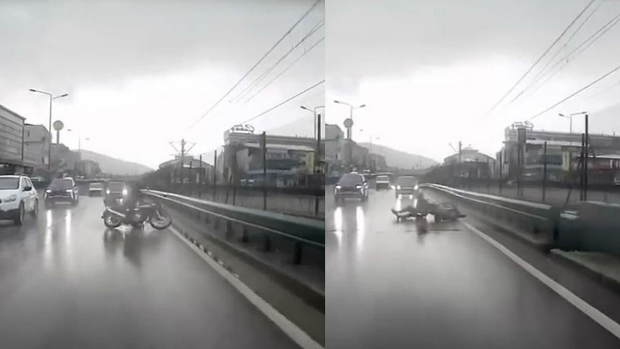 Bursa’da motosiklet sürücüsü kaygan yolda böyle düştü