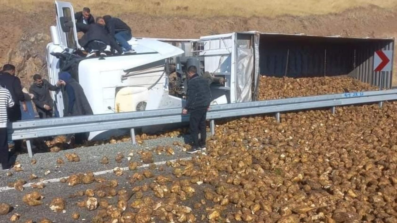 Pancar yüklü tır devrildi: 1 yaralı