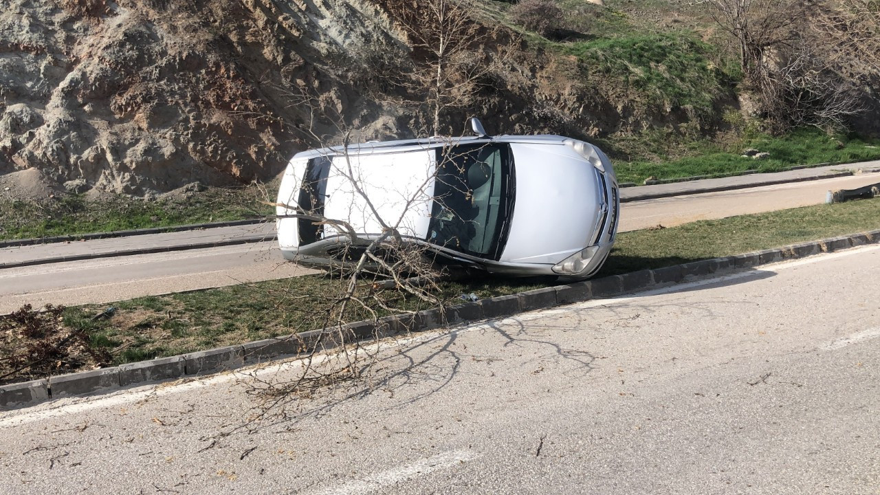 Elazığ’da Refüje Çıkan Otomobil Ağaca Çarpıp Yan Yattı: 1 Yaralı